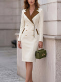 Double Breasted Midi Dress Women Cream Color Block Contrasting Collar Retro Chic Woven Office Casual Spring Fall Dress S-XXL