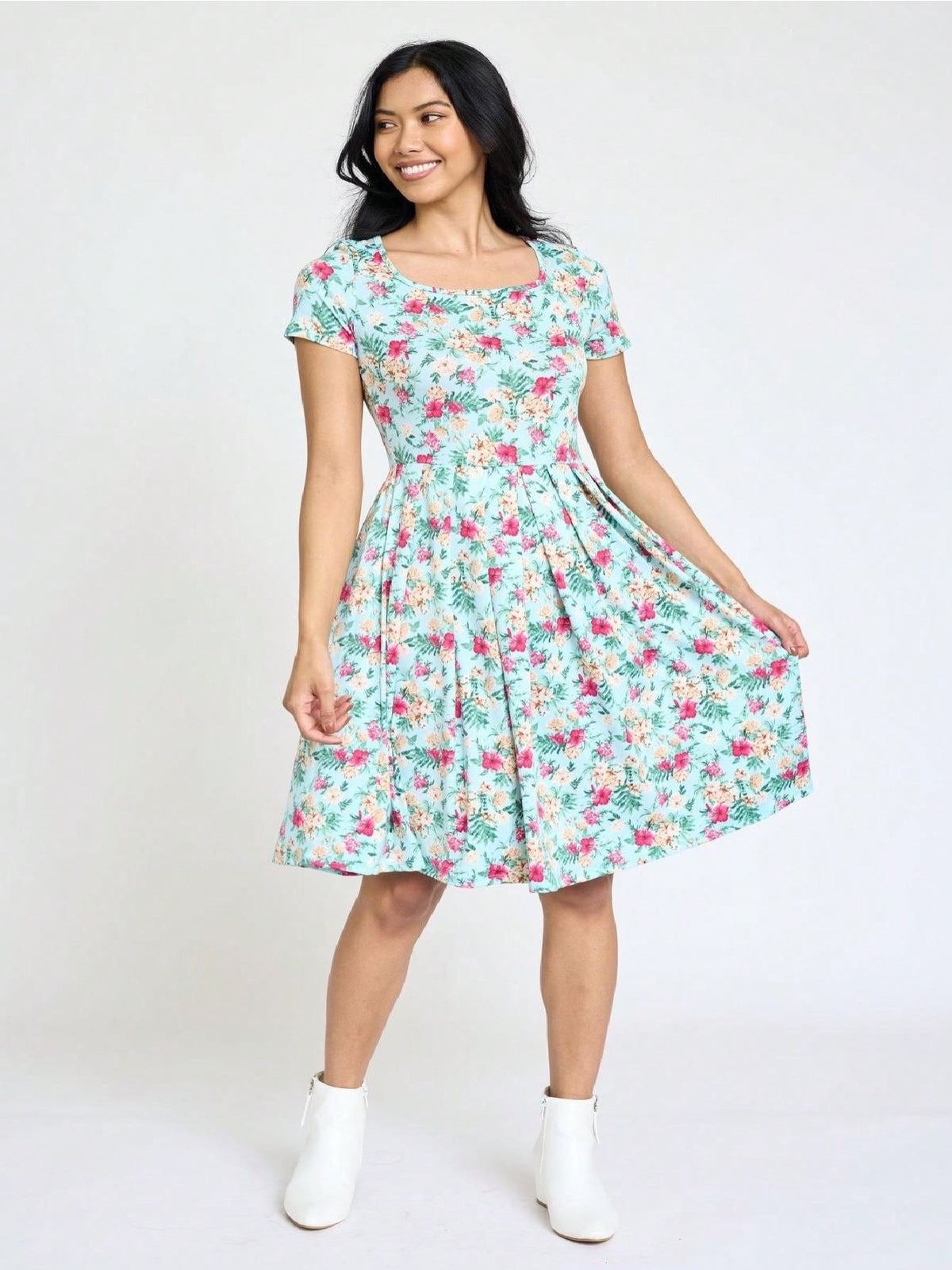 Paisley Floral Swing Dress Women Chevron Stripe Patchwork Pleated Square Neck Elastic Waist Midi Casual Plus Size S-3X