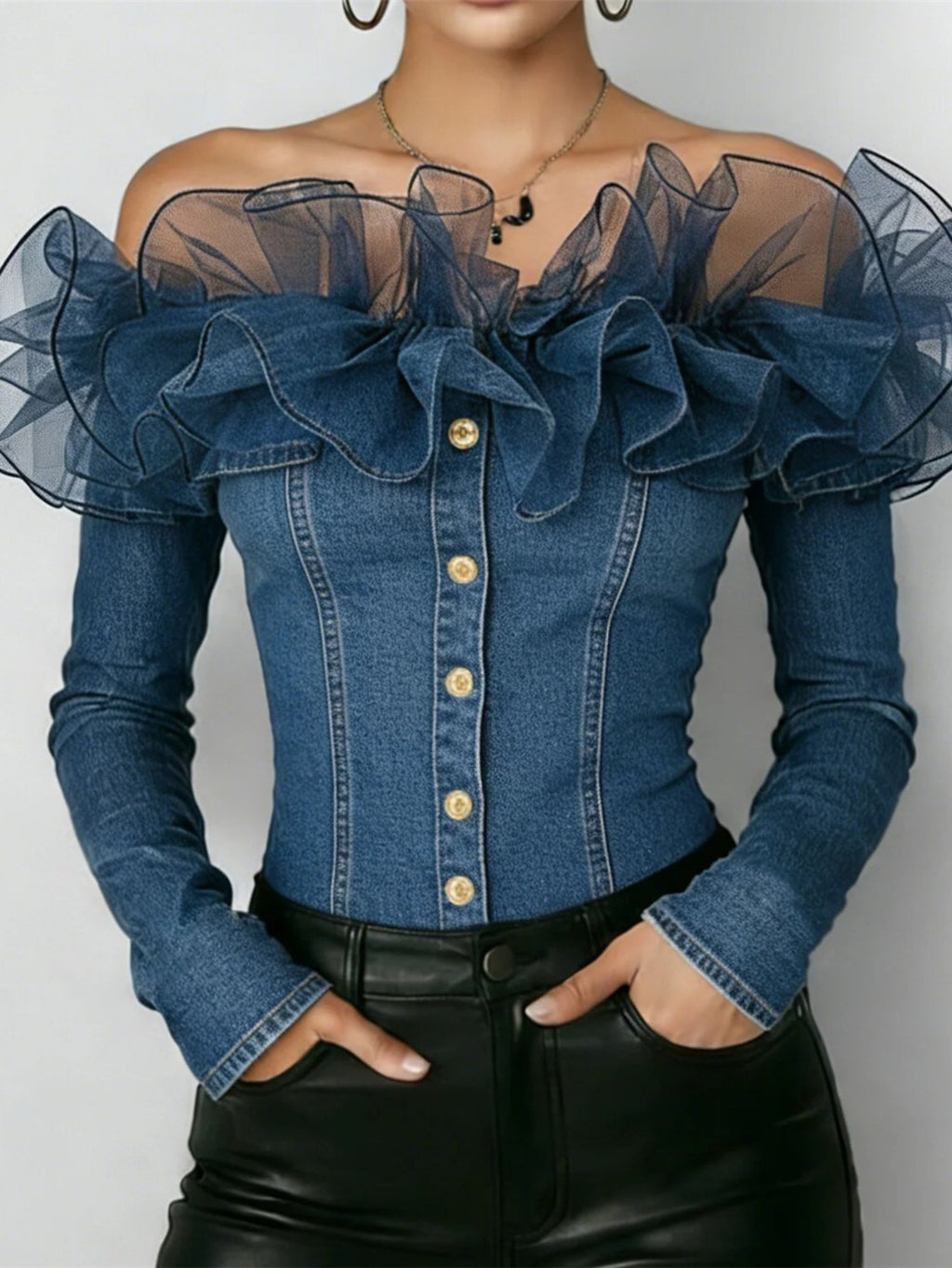 Off Shoulder Denim Top Women Navy Blue Ruffle Long Sleeve Button Closure S-XXL