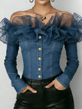Off Shoulder Denim Top Women Navy Blue Ruffle Long Sleeve Button Closure S-XXL