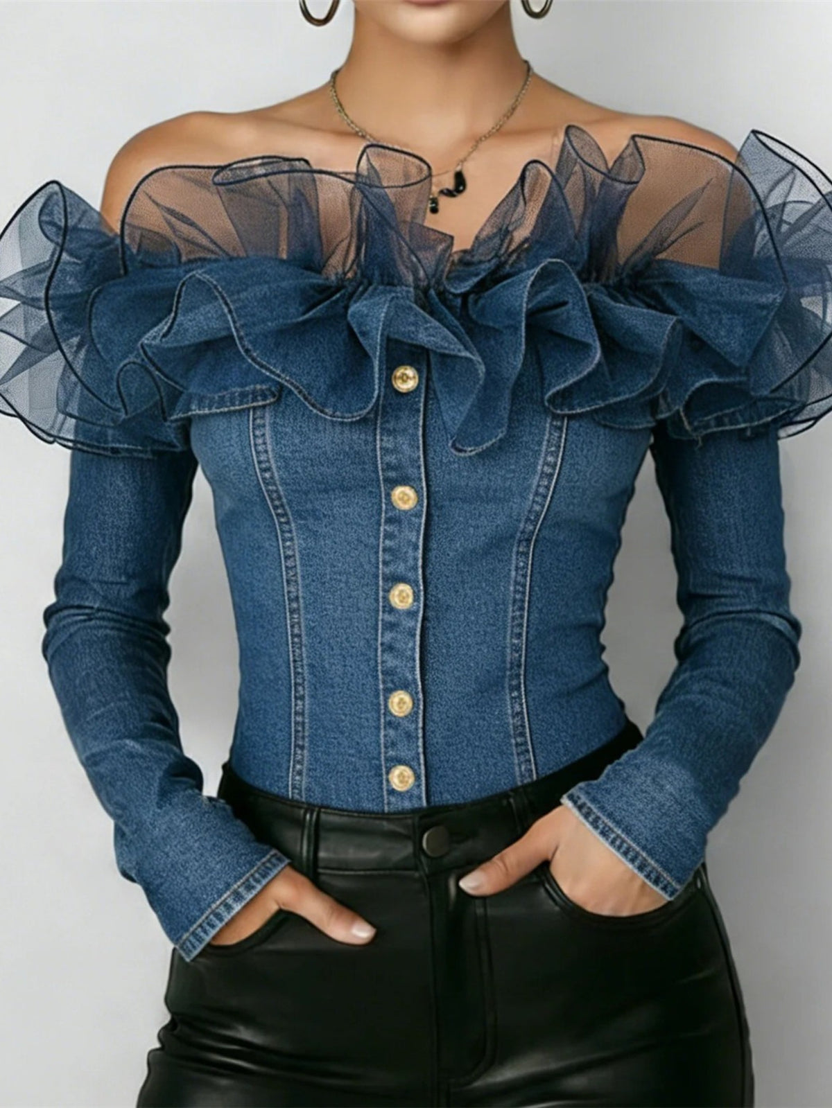 Off Shoulder Denim Top Women Navy Blue Ruffle Long Sleeve Button Closure S-XXL