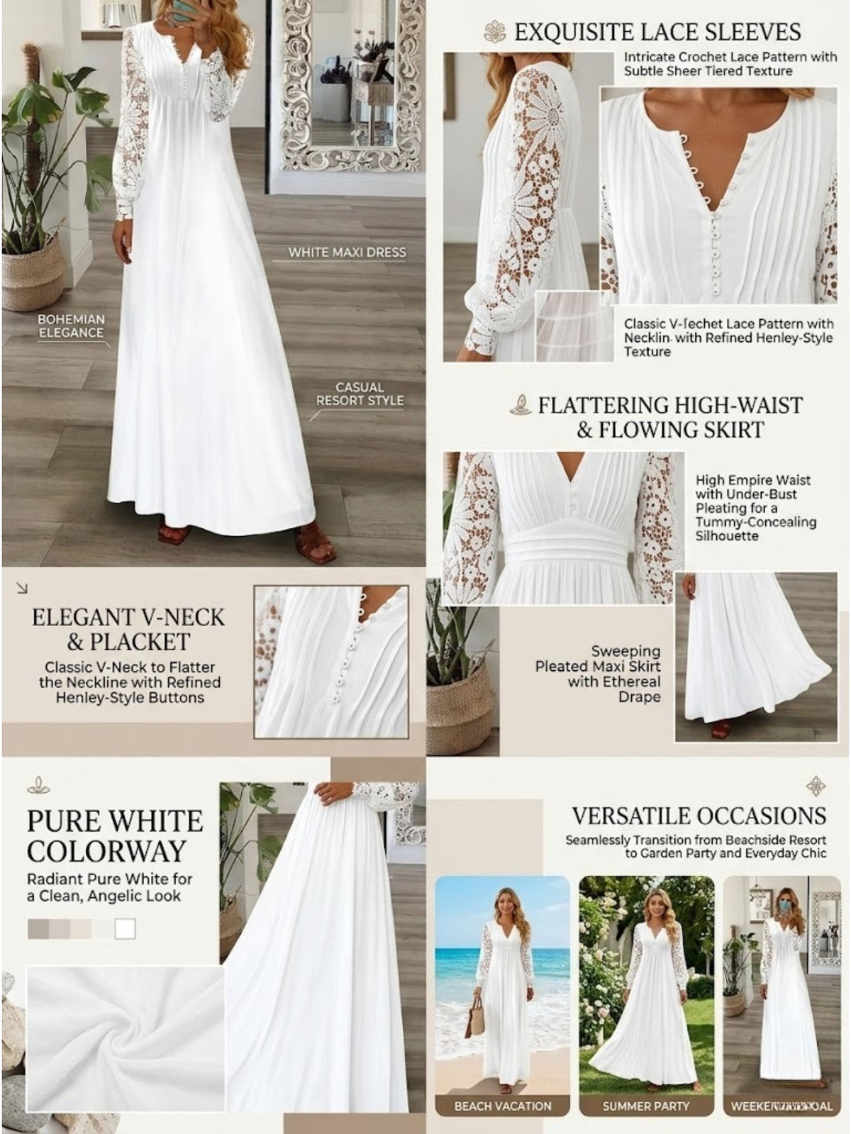 Women's Bohemian White Lace Long Dress V-Neck Long Sleeve High Waist A-Line Flowing Hem Romantic Date Beach Dress