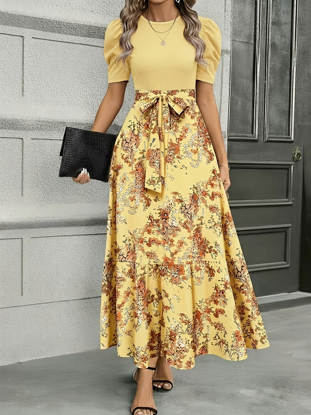 Floral Cinched Waist Long Maxi Dress Women Crew Neck Fitted Elegant Casual Dress for Business Afternoon Tea S-XXL