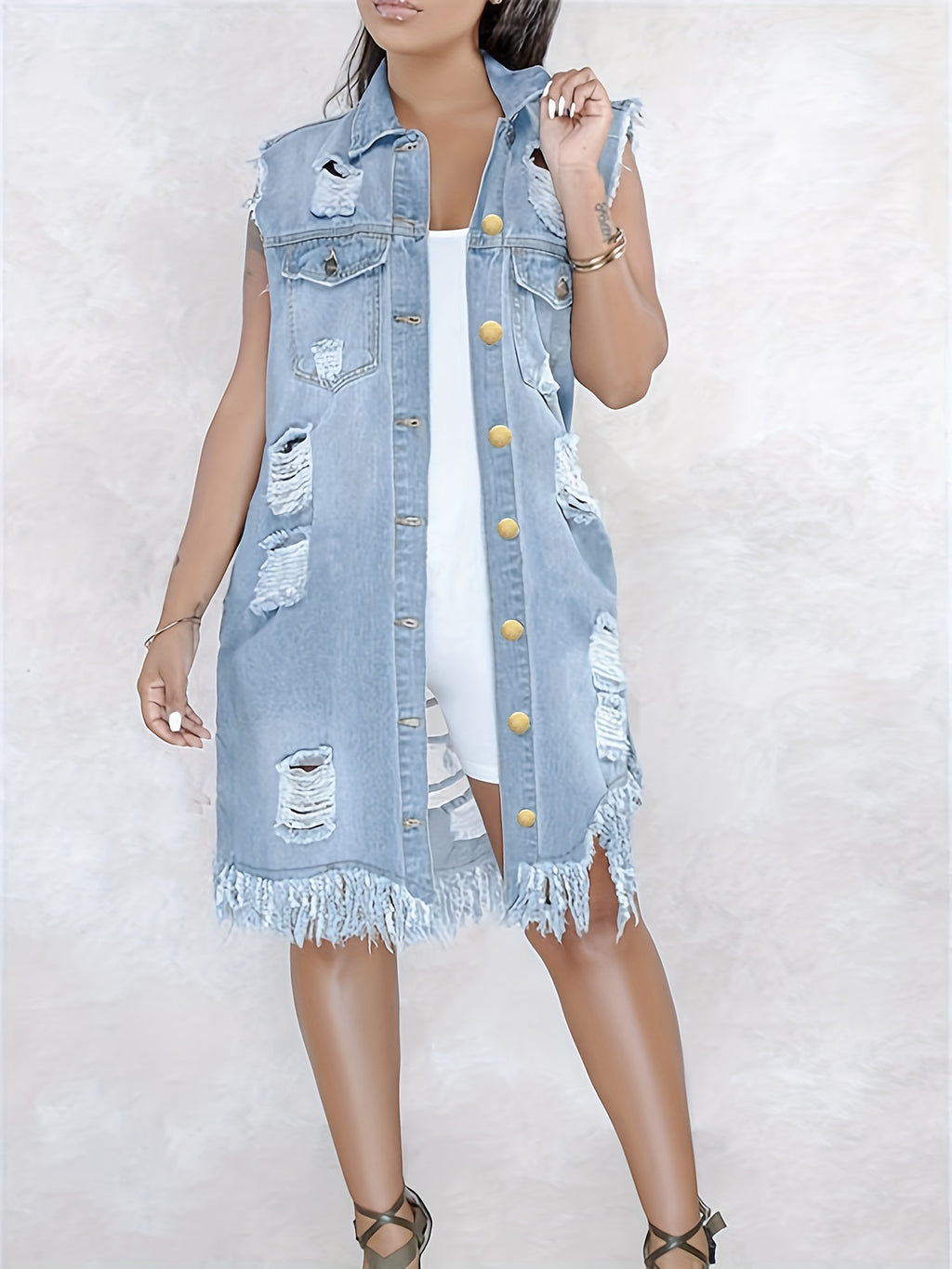 Sleeveless Long Denim Vest Jacket Women Button Closure Lapel Collar Midi Length Raw Hem Street Style Fall Winter Blue Black White S-XXL