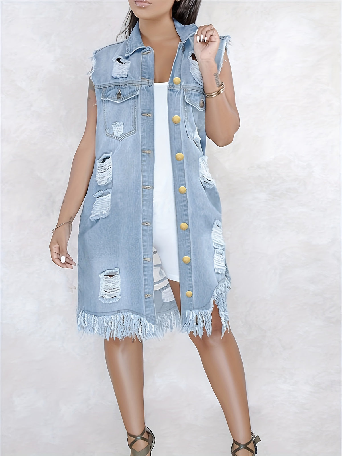 Sleeveless Long Denim Vest Jacket Women Button Closure Lapel Collar Midi Length Raw Hem Street Style Fall Winter Blue Black White S-XXL