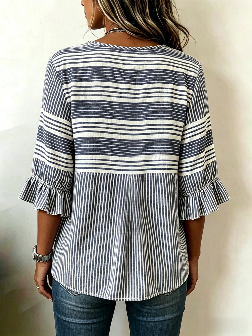 Striped V-Neck Blouse Women Ruffle 3/4 Sleeve Loose Fit Tunic Top Lightweight Linen Button Detail Summer Shirt S-2XL