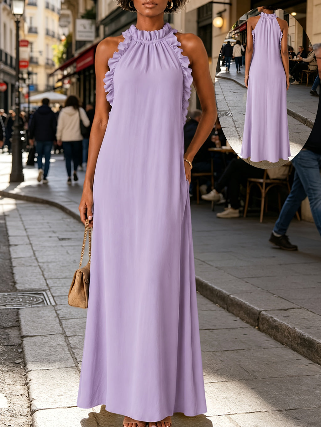 Halter Neck Sleeveless Dress Women Leaf-Edge Ruffle Loose Casual Summer Vacation Solid Color Flowy Boho Beach Dress S-XXL