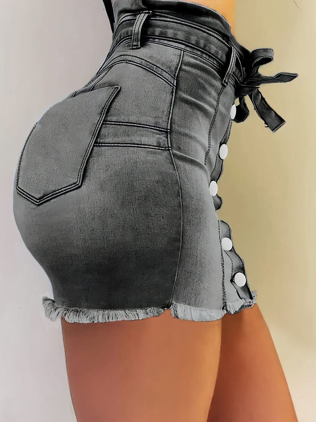 Bodycon Denim Mini Skirt Women Waist Tie Frayed Hem Stretch Solid Color Button Summer Daily Wear Tight Hip Jean Skirt