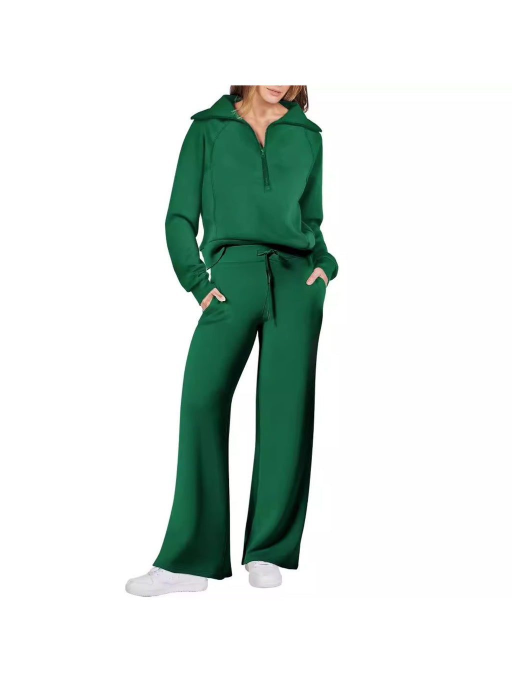 Zipper Sweatshirt Wide-Leg Pants 2 Piece Set Women Casual Tracksuit Outfit for Spring Fall - Loose Fit Jogger Co-ord Set
