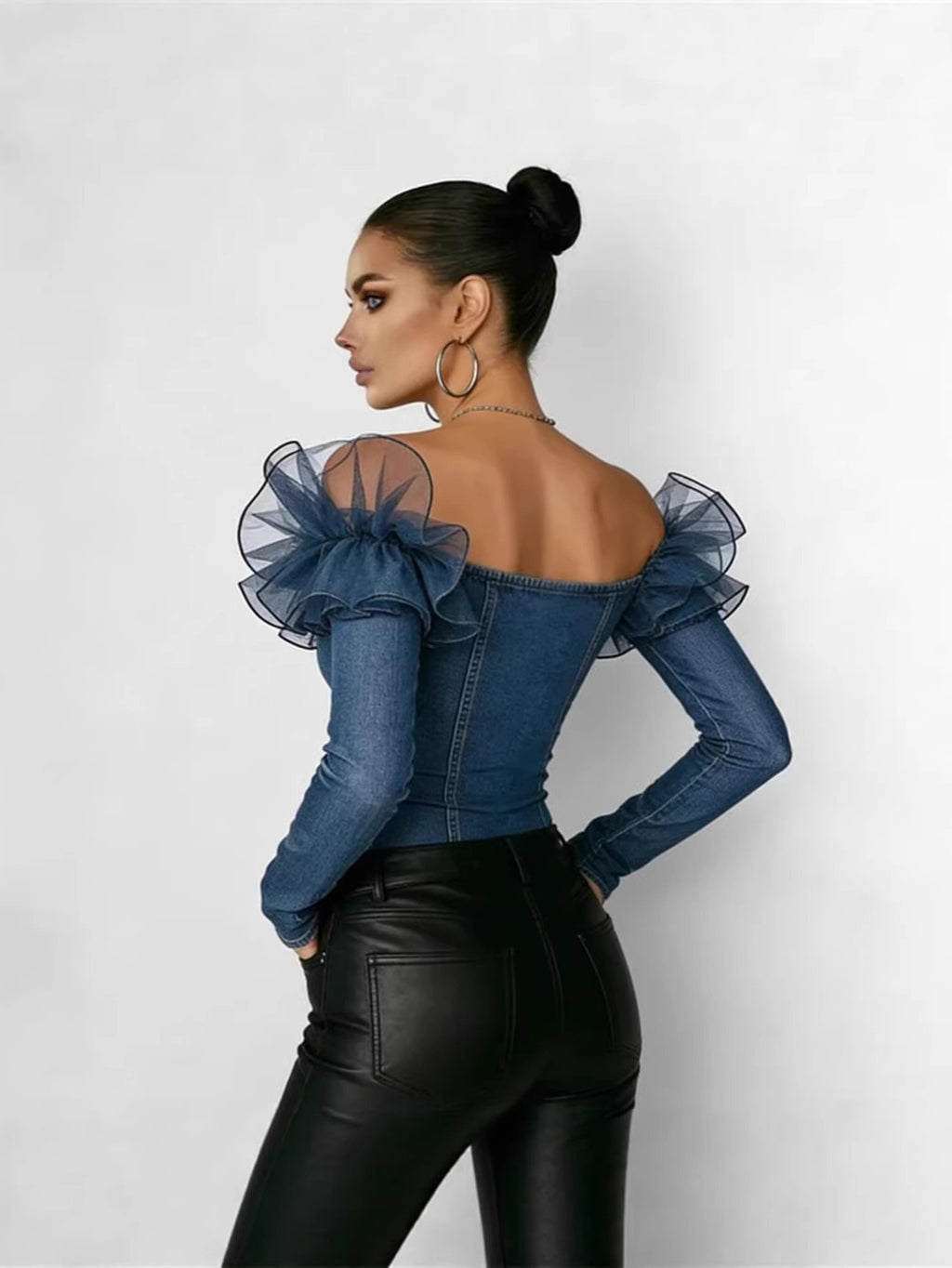Off Shoulder Denim Top Women Navy Blue Ruffle Long Sleeve Button Closure S-XXL