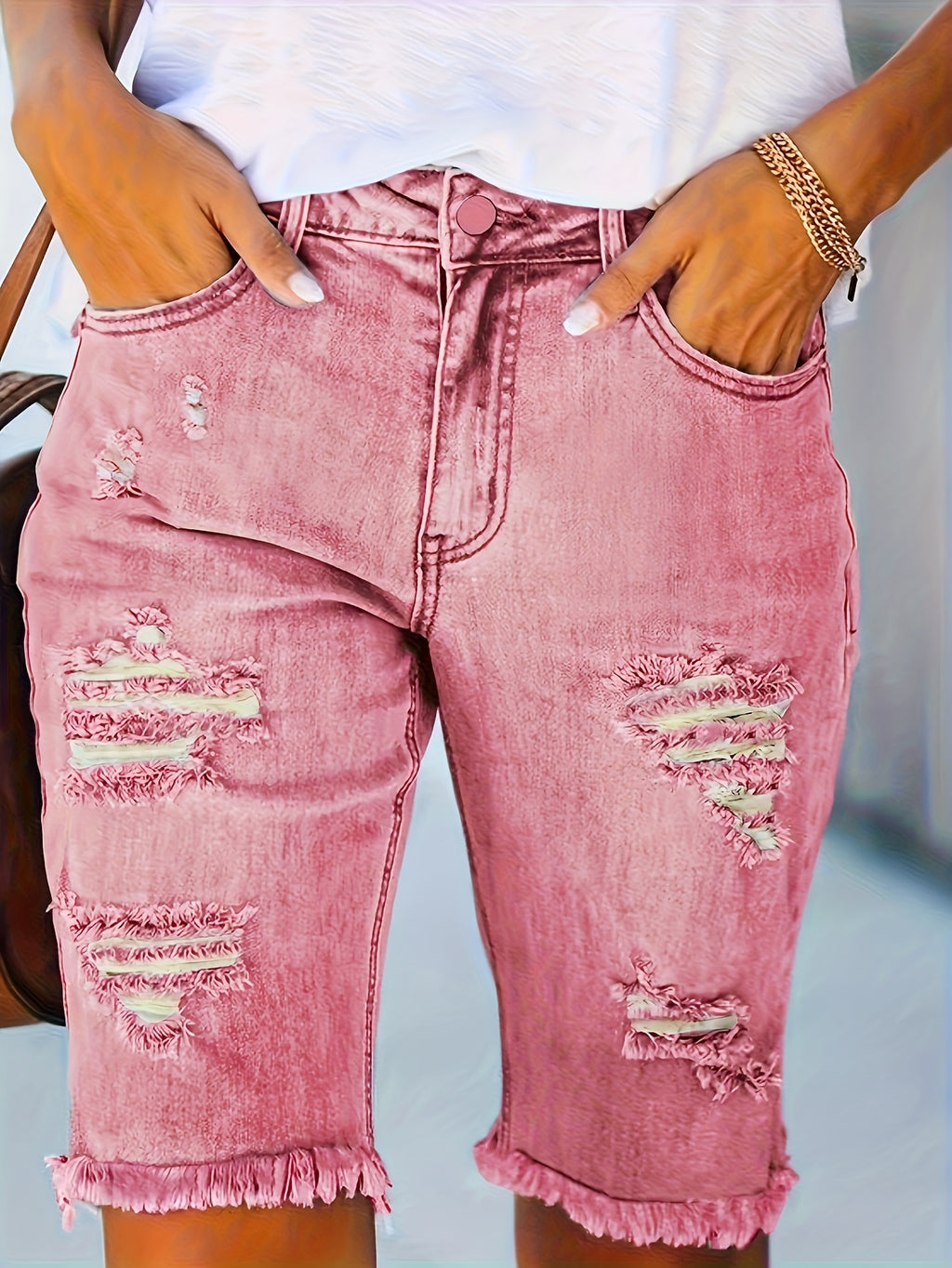 High Waist Pink Y2K Ripped Denim Shorts Women Stretchy Fit Five Pocket Casual Summer Jean Shorts for Women