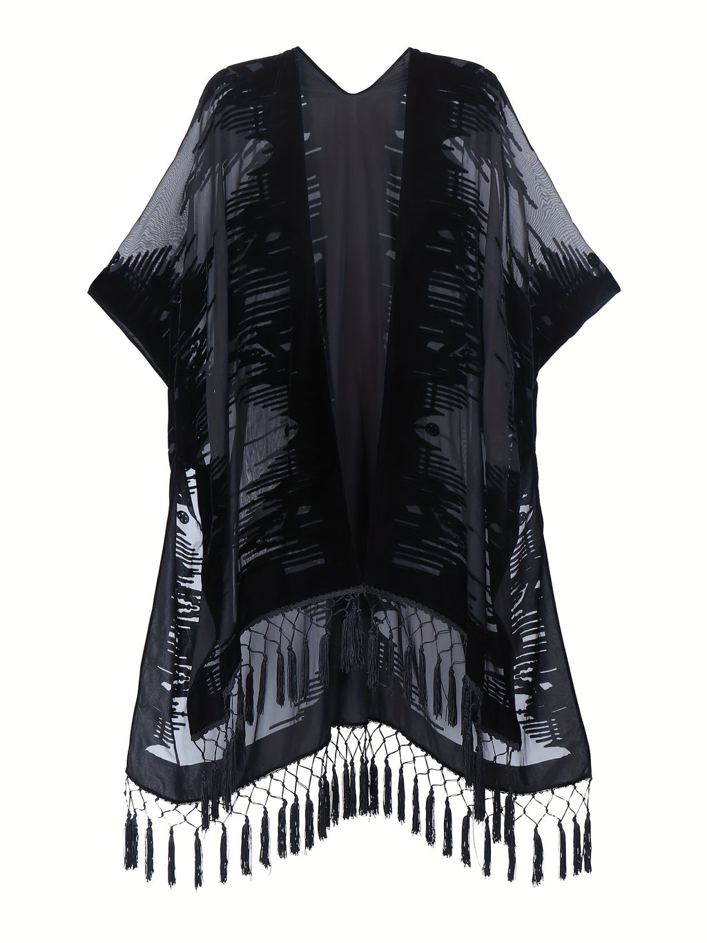 Boho Burnout Velvet Kimono Women Long Cardigan Cover Up Tassel Floral Embroidered One Size