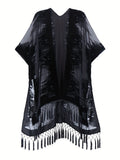 Boho Burnout Velvet Kimono Women Long Cardigan Cover Up Tassel Floral Embroidered One Size