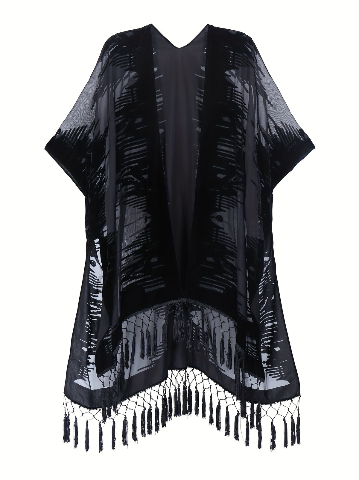 Boho Burnout Velvet Kimono Women Long Cardigan Cover Up Tassel Floral Embroidered One Size