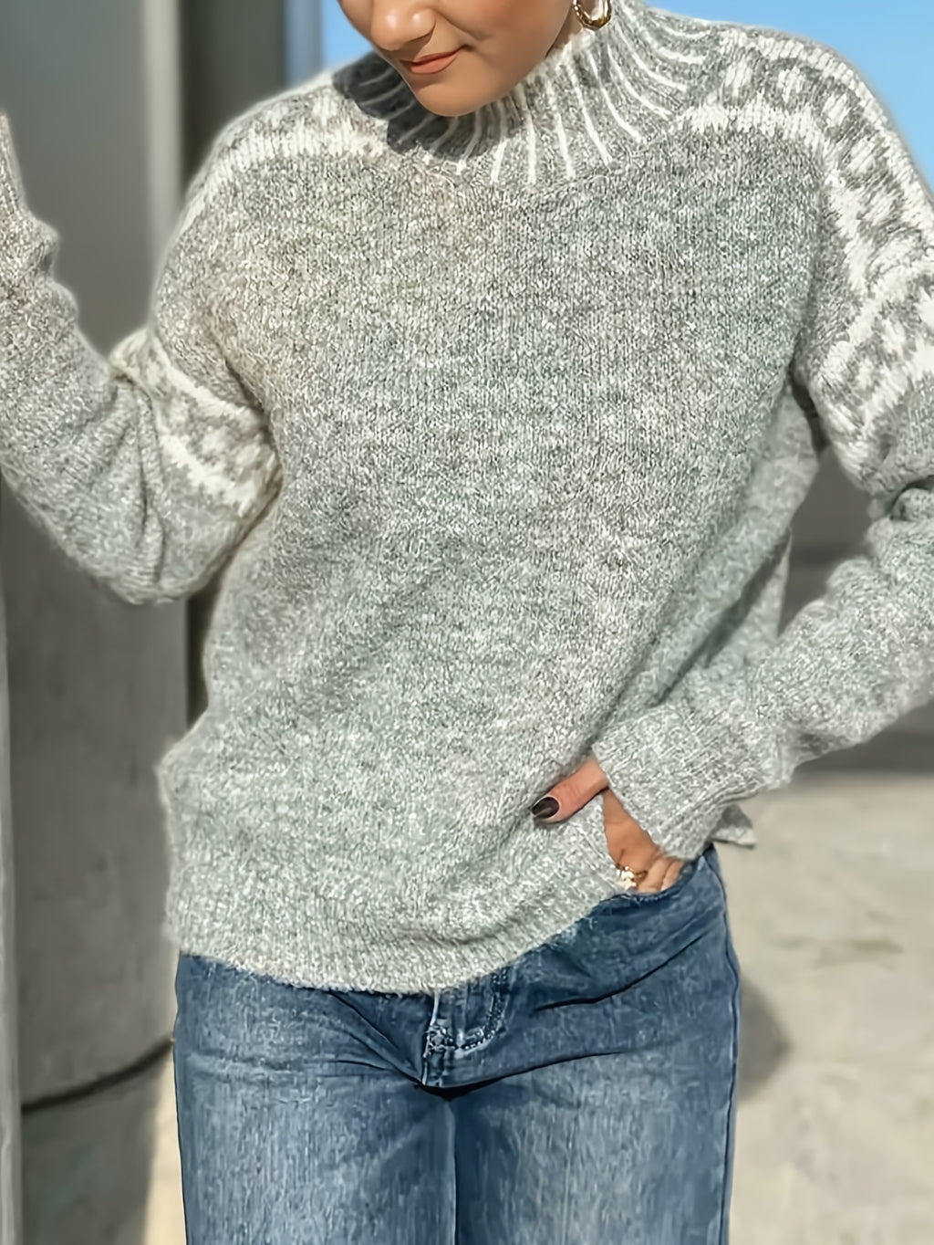 Women's Nordic Snowflake High Neck Sweater Loose Fit Gray Embossed Knit Turtleneck Pullover Warm Cozy Winter Layering Top Soft Casual