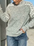 Women's Nordic Snowflake High Neck Sweater Loose Fit Gray Embossed Knit Turtleneck Pullover Warm Cozy Winter Layering Top Soft Casual