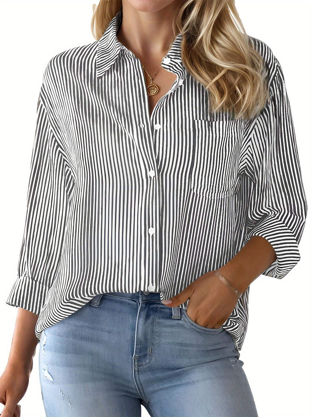 Striped Lapel Shirt Women Long Sleeve Multi-Color Office Work Blouse Chest Pocket Smart Casual Button-Up Professional Top
