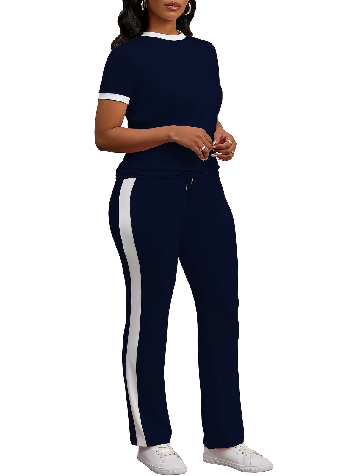 Women Colorblock 2 Piece Tracksuit Set Short Sleeve Crew Neck Top Striped Sweatpants Casual Lounge Jogger Matching Outfit for Workout Everyday Wear