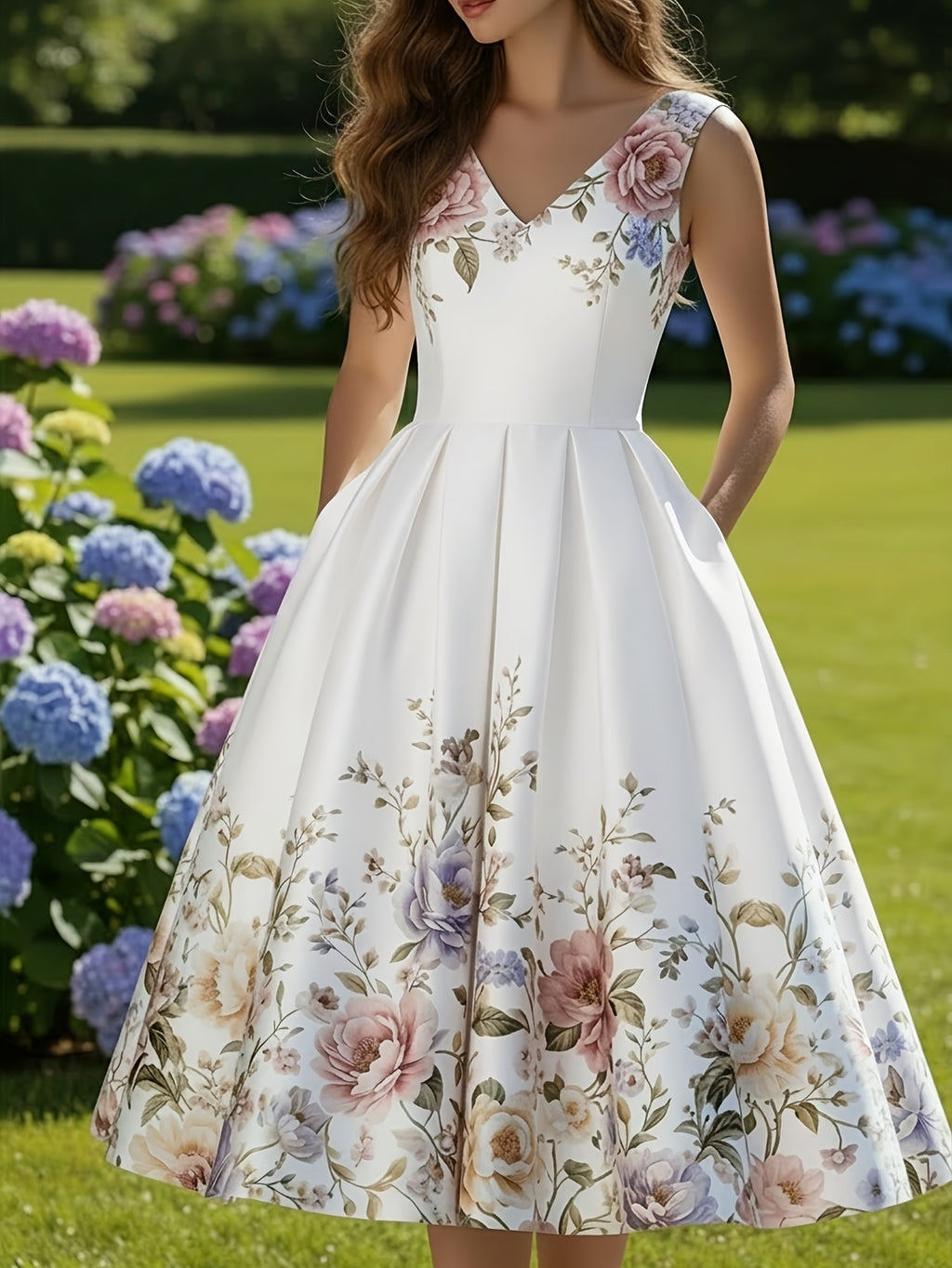 Printed Sleeveless V-Neck Dress Women Waist-Cinching Flared Skirt Elegant Spring Summer Casual Dress for Garden Party Date