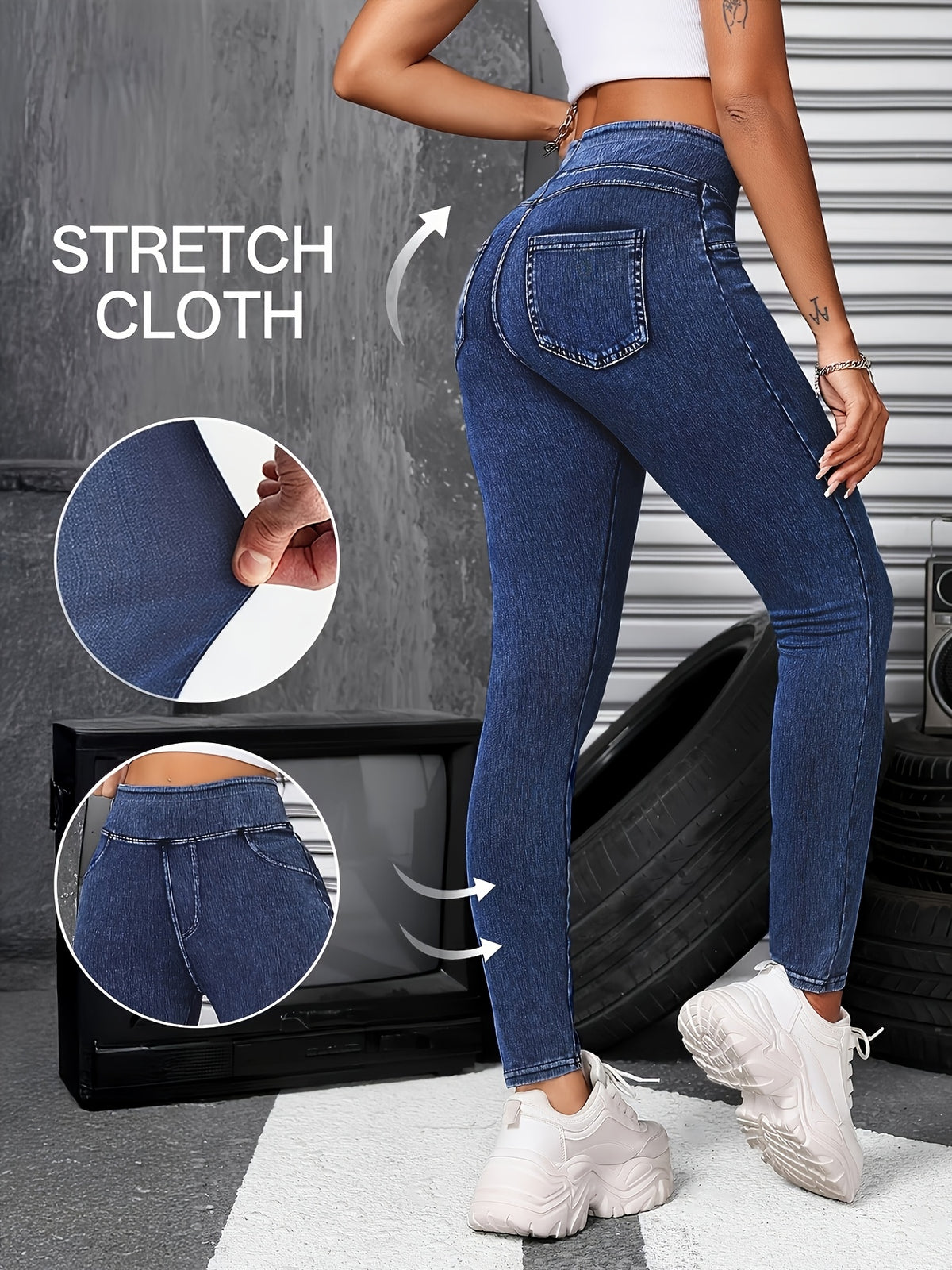 High Waist Tummy Control Jeggings Women Pull On Stretch Skinny Jean Leggings Denim Pants Black Navy Sky Blue S-XL