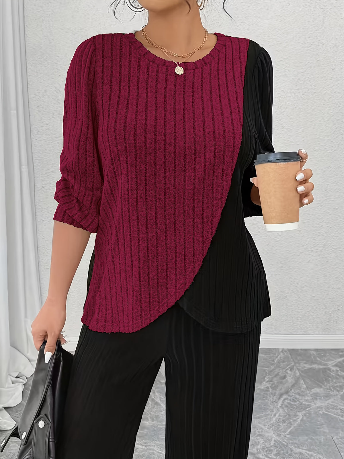 Women 2 Piece Set Colorblock Irregular Hem Top Round Neck Straight Trousers Suit Elegant Matching Outfit Business Casual Work Co-ord Spring Fall