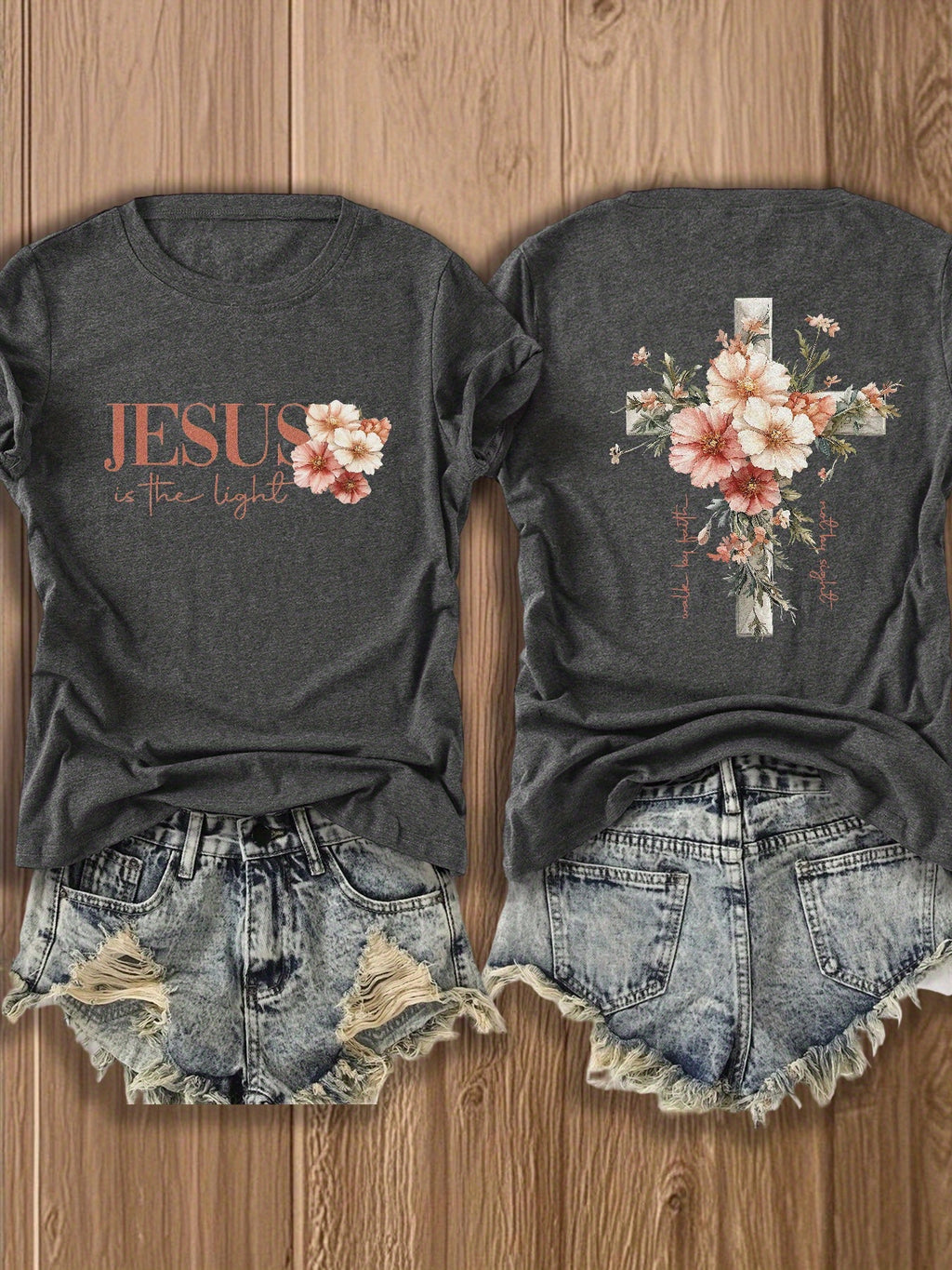 Jesus Floral Cross Double-Sided Print T-Shirt for Women - Faith Inspired Crew Neck Casual Christian Tee Summer Trendy Graphic Top