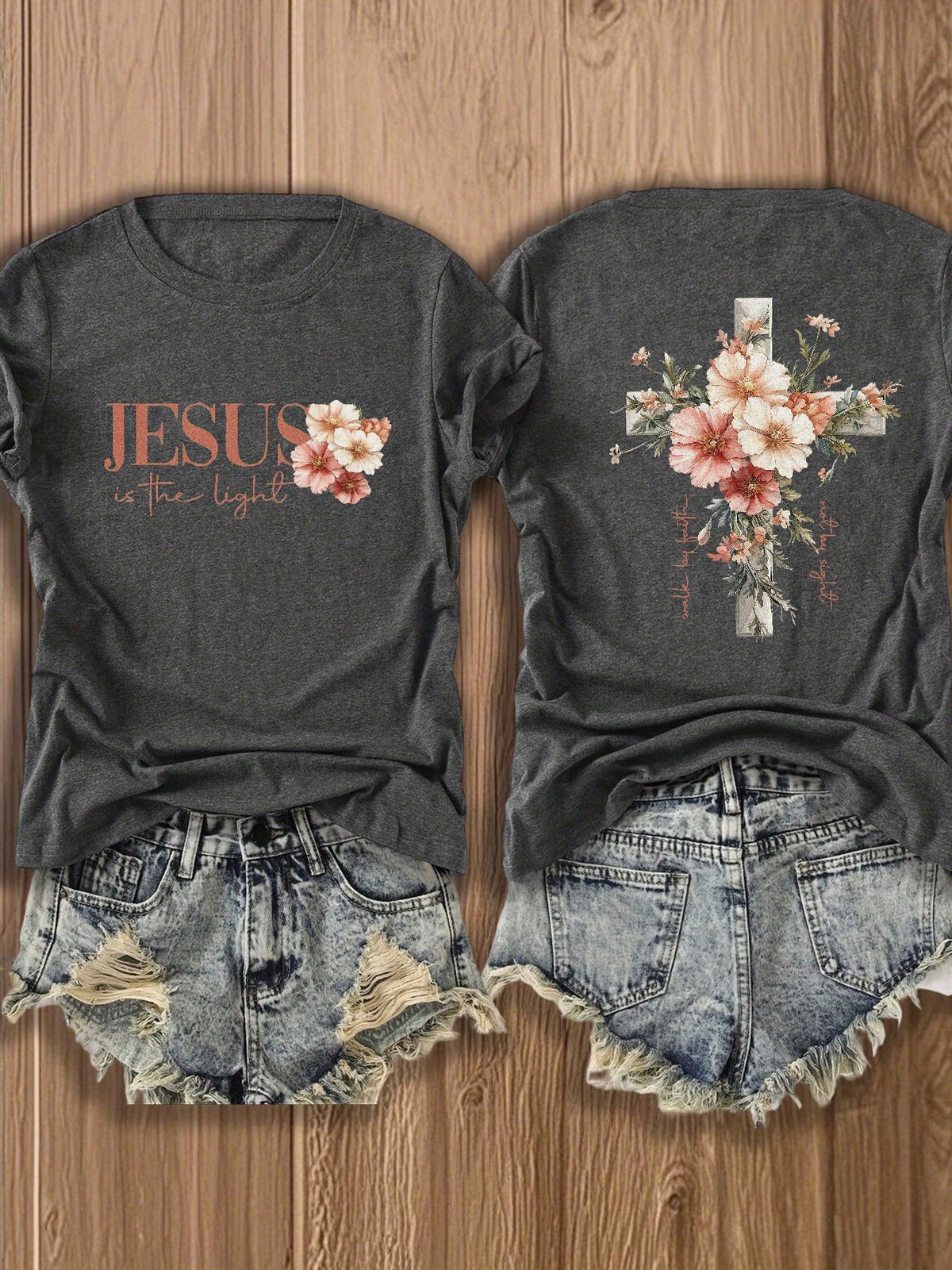 Jesus Floral Cross Double-Sided Print T-Shirt for Women - Faith Inspired Crew Neck Casual Christian Tee Summer Trendy Graphic Top