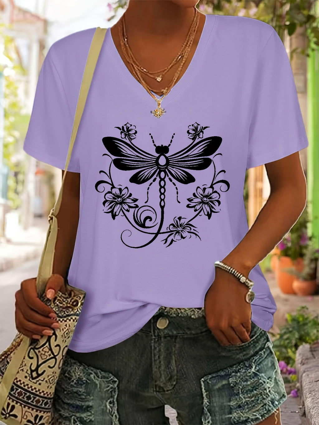 Dragonfly Print V-Neck T-Shirt for Women - Short Sleeve Casual Applique Top Spring Summer Soft Stretch Tee Gift for Her