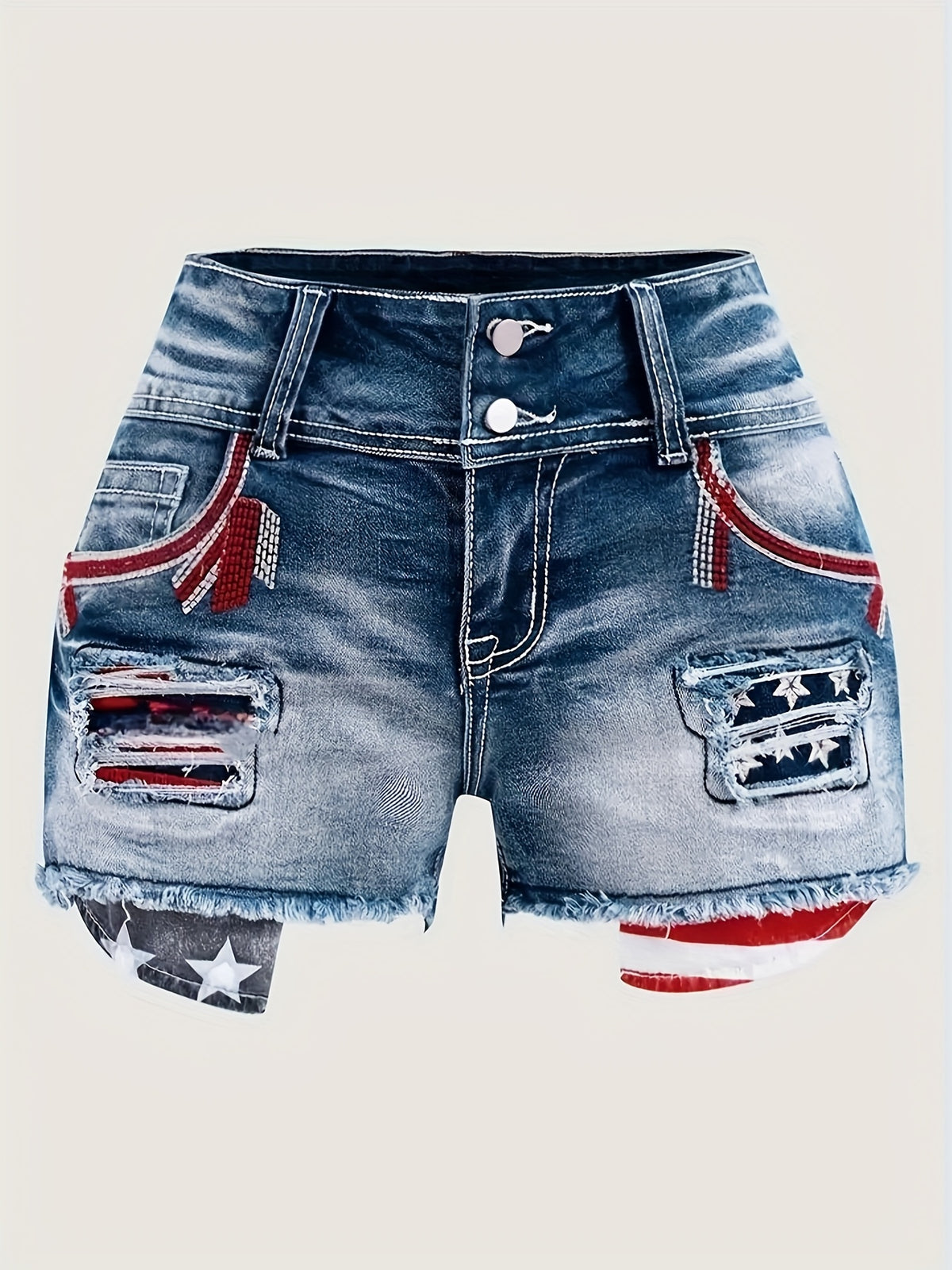 Stretch Denim Shorts for Women - Retro Color Block Embroidery Mid Rise Slim Fit, Built-In Zipper Machine Washable Cotton Blue Casual Jean Shorts for Spring Summer