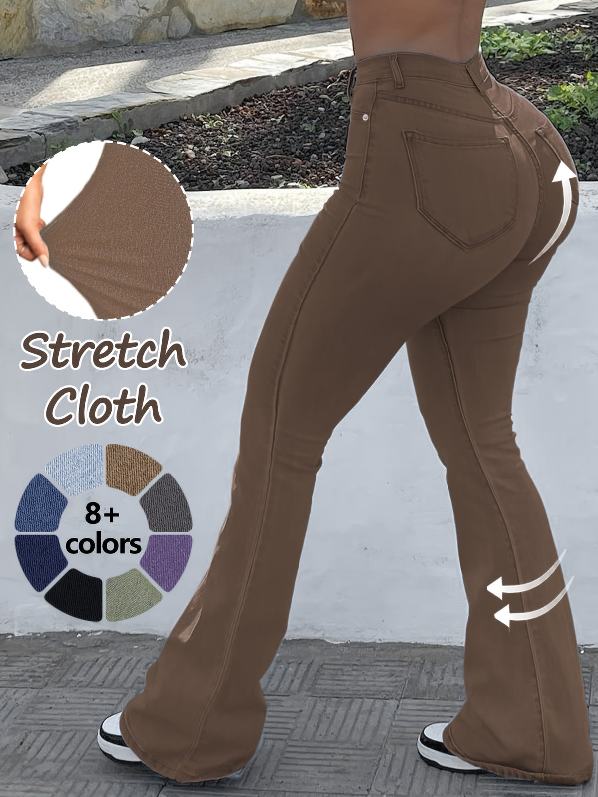 High Waist Stretch Flare Jeans Women Wide Leg Pants with Pockets – Solid Color Street Style, All-Season Comfortable Denim, Machine Washable