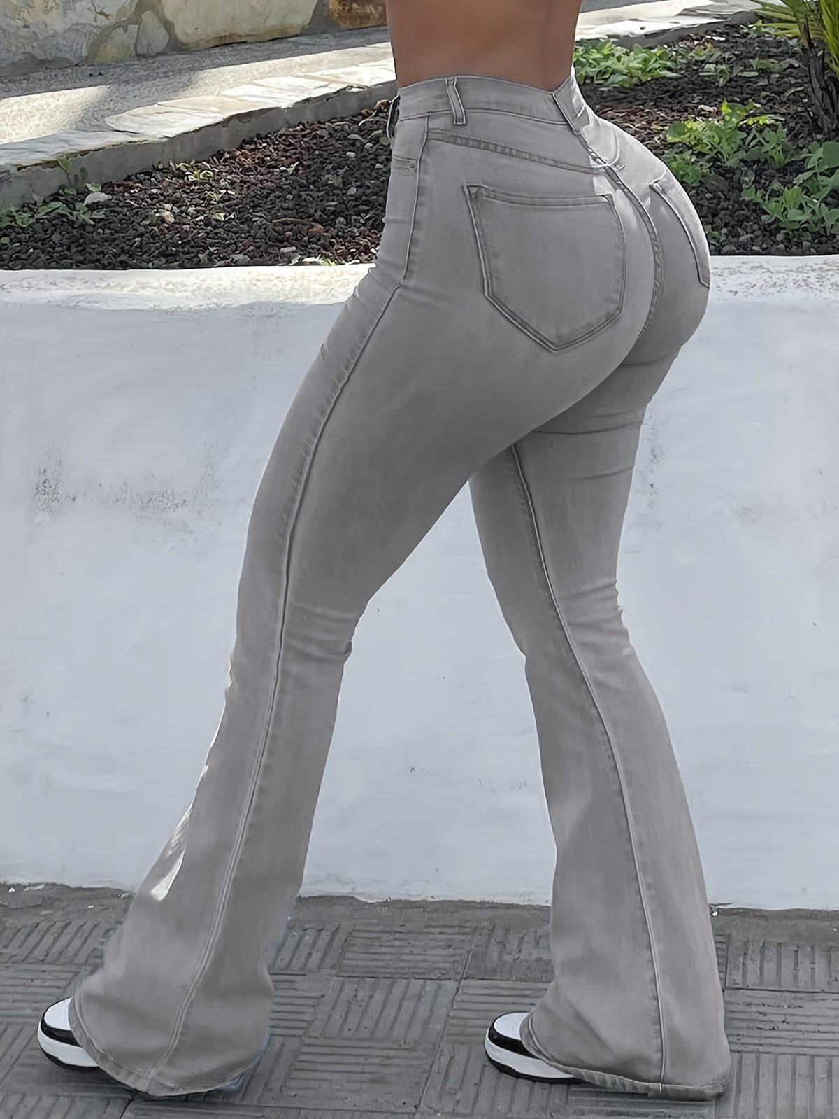 High Waist Stretch Flare Jeans Women Wide Leg Pants with Pockets – Solid Color Street Style, All-Season Comfortable Denim, Machine Washable