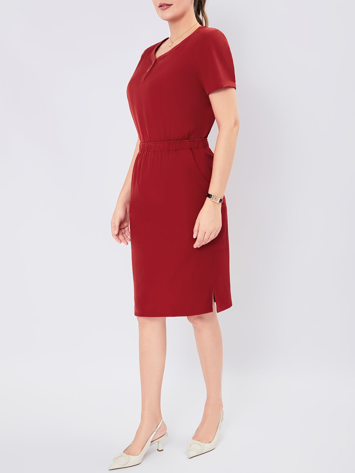 Women's V-Neck Scrub Set Short Sleeve Medical Uniform Beauty Salon Polyester Solid Color Top & Skirt with Pockets