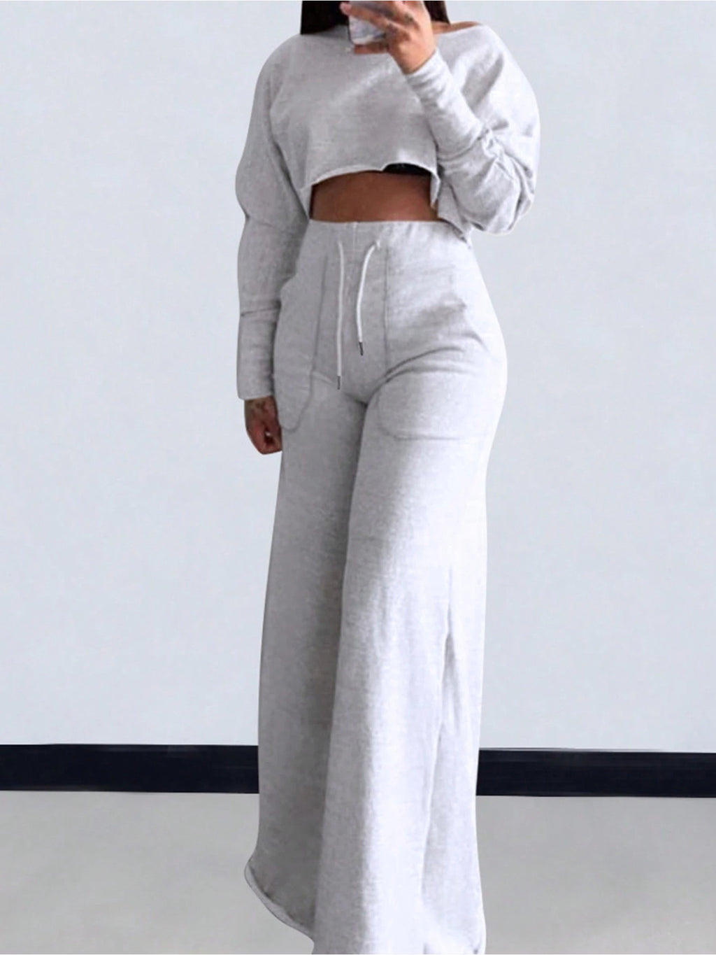2pcs Lounge Set Women Cropped T-Shirt High Waist Sweatpants Drawstring Straight Leg Cozy Casual Fall Winter Matching Outfit