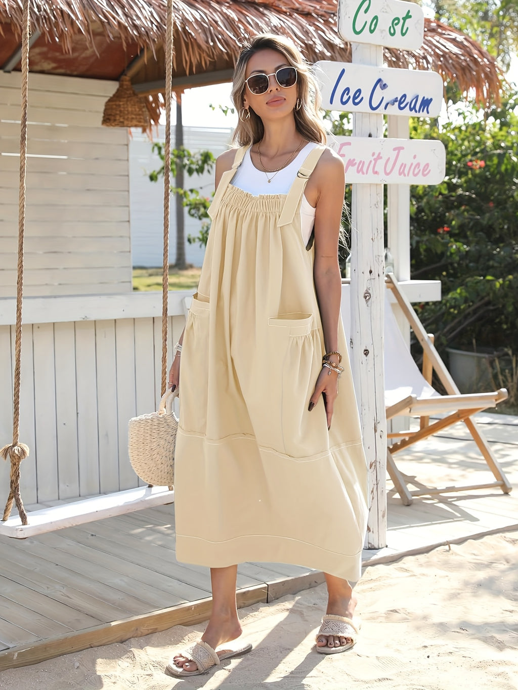 Overall Dress Women Loose Adjustable Strap Midi Length Big Pockets Workwear Casual Bib Jumper Dress Spring Summer S M L XL XXL