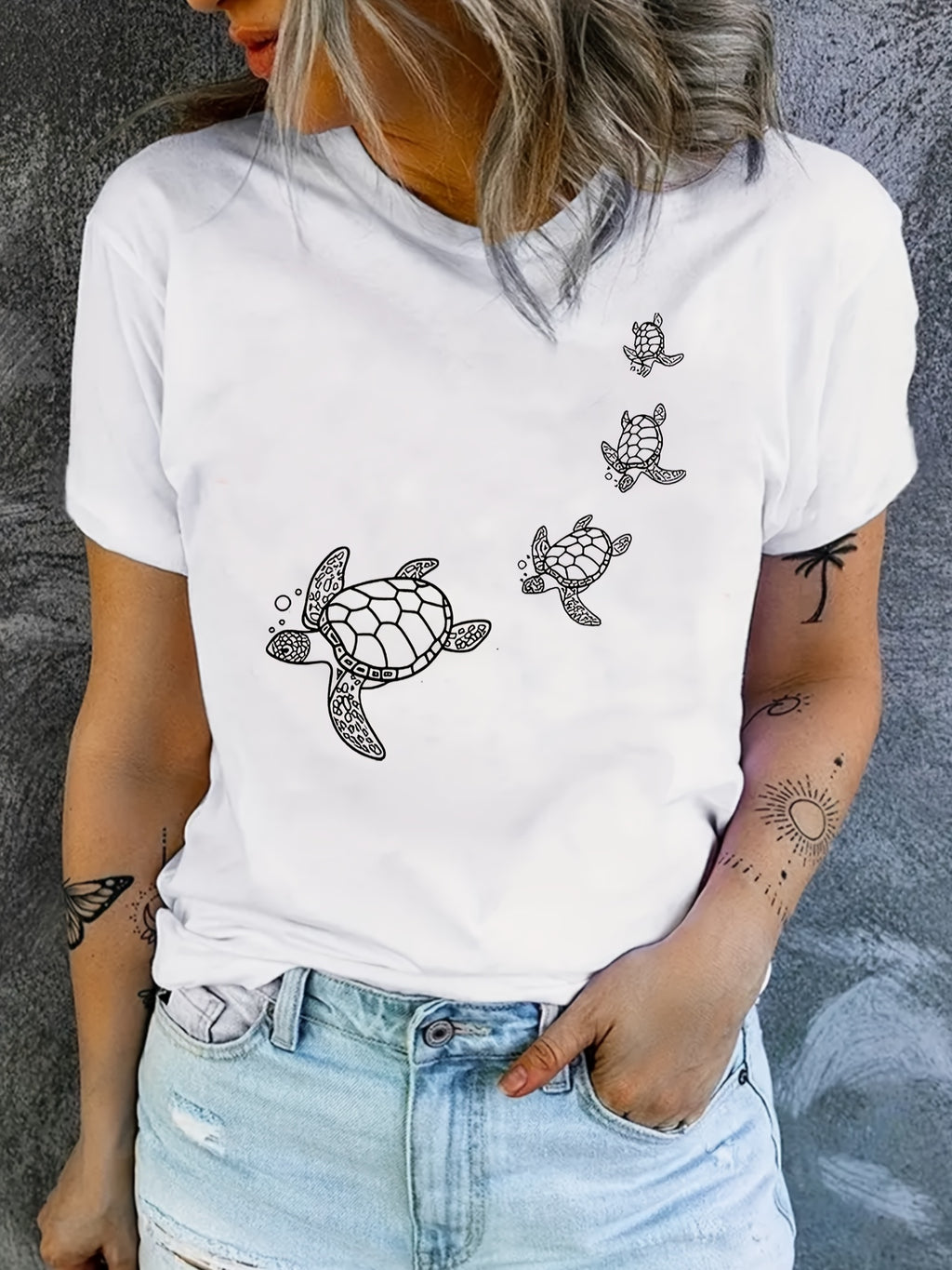 Women's Turtle Print T-Shirt Short Sleeve Round Neck Casual Daily Wear Top Black White Gray S-XXL