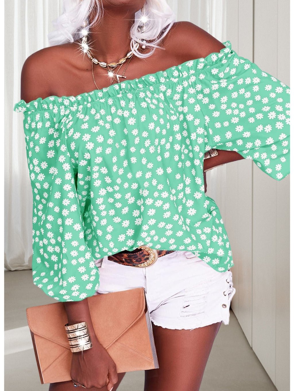 Floral Off Shoulder Chiffon Blouse Women 3/4 Sleeve Casual Summer Top Shirt 10 Colors S-XXL