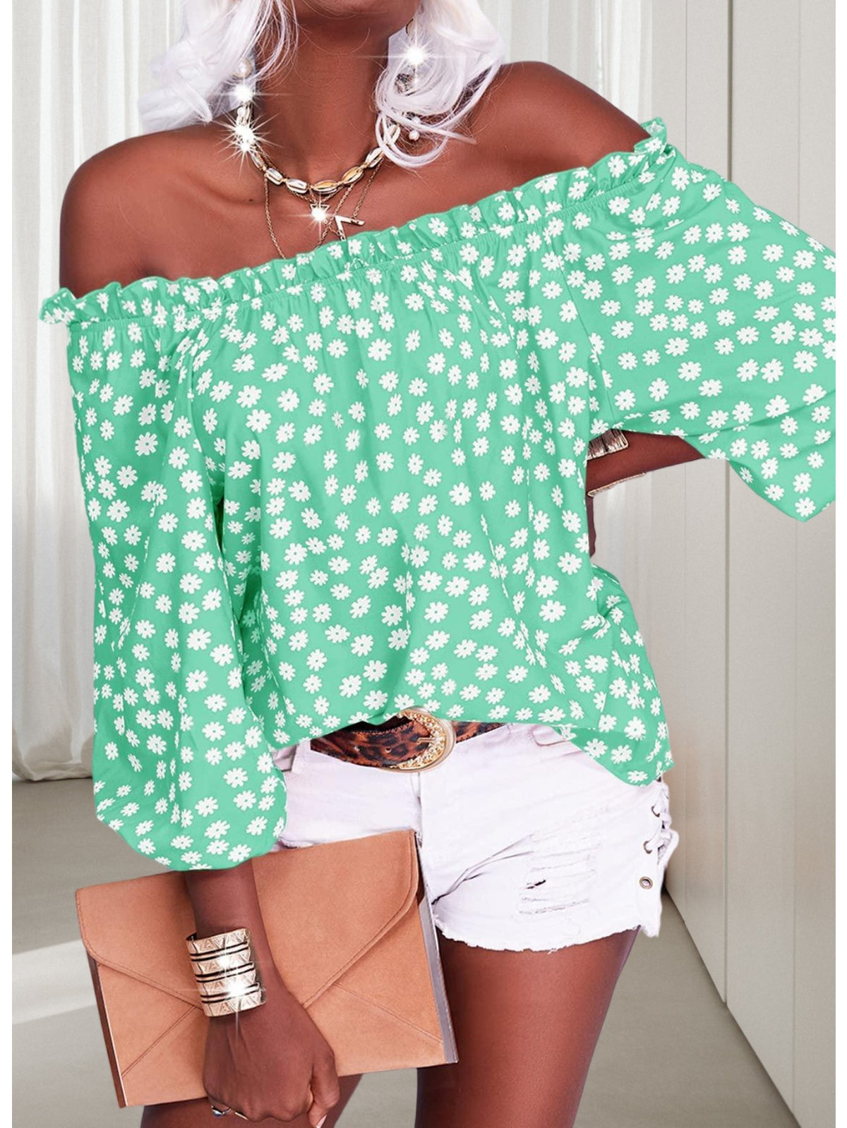 Floral Off Shoulder Chiffon Blouse Women 3/4 Sleeve Casual Summer Top Shirt 10 Colors S-XXL