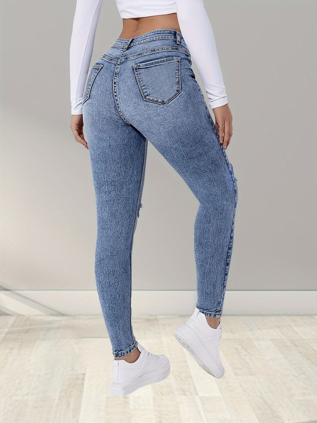High Waist Elastic Waistband Stretch Jeans Women Classic Fit No Distressing Zip Fly Polyester Blend All Season Denim Pants