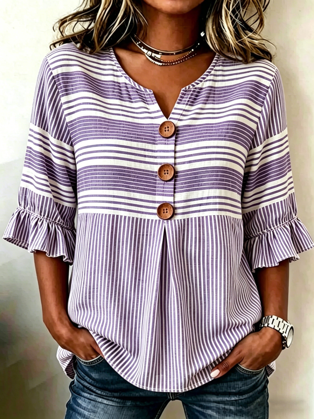 Striped V-Neck Blouse Women Ruffle 3/4 Sleeve Loose Fit Tunic Top Lightweight Linen Button Detail Summer Shirt S-2XL