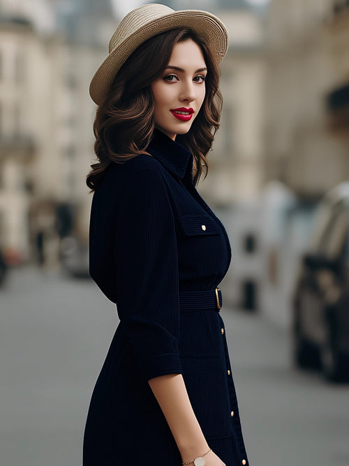 Corduroy Shirt Dress Women Navy Blue Belted Midi - Retro Utility Waist-Defined Fall Winter Streetwear Dress, Daily Commute Work Casual Style, Soft Warm Fabric