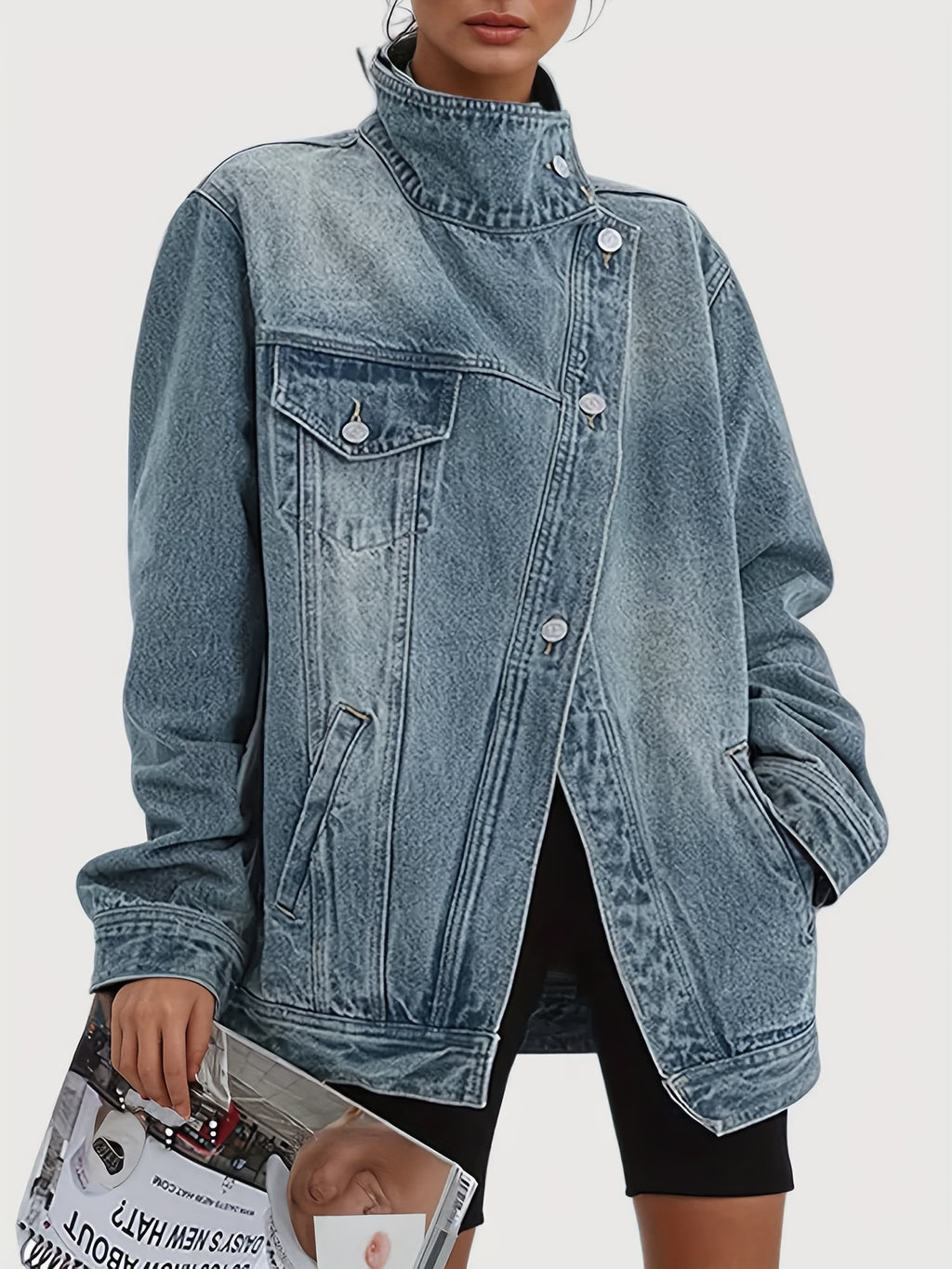 Loose Fit Jean Jacket Women Asymmetric Slant Placket Multi Pocket Vintage Blue Streetwear Long Sleeve Denim Coat Fall Winter