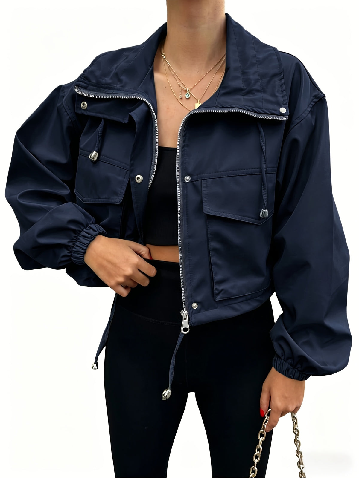 Cropped Jacket Women Zip Up Lightweight Oversized Drop Shoulder Utility Anorak Coat with Pockets Casual Streetwear Black Pink Apricot Navy White Green Khaki S-XXL