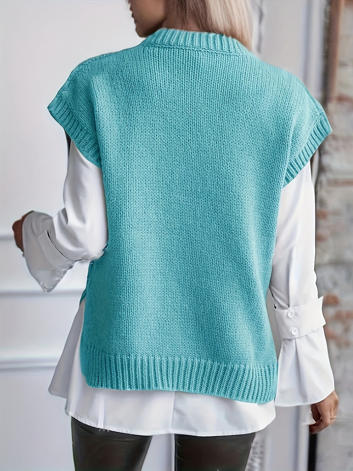 Cable Knit Sweater Vest Women Sleeveless Round Neck Slit Hem Solid Color Layering Top - Casual Semi-Formal Acrylic Knitwear Spring Summer Fall