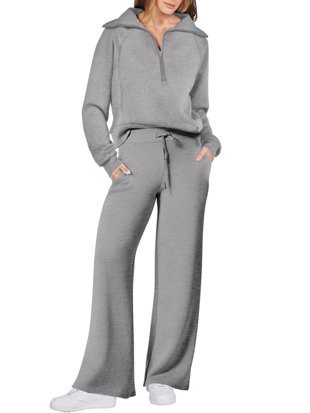 Zipper Sweatshirt Wide-Leg Pants 2 Piece Set Women Casual Tracksuit Outfit for Spring Fall - Loose Fit Jogger Co-ord Set