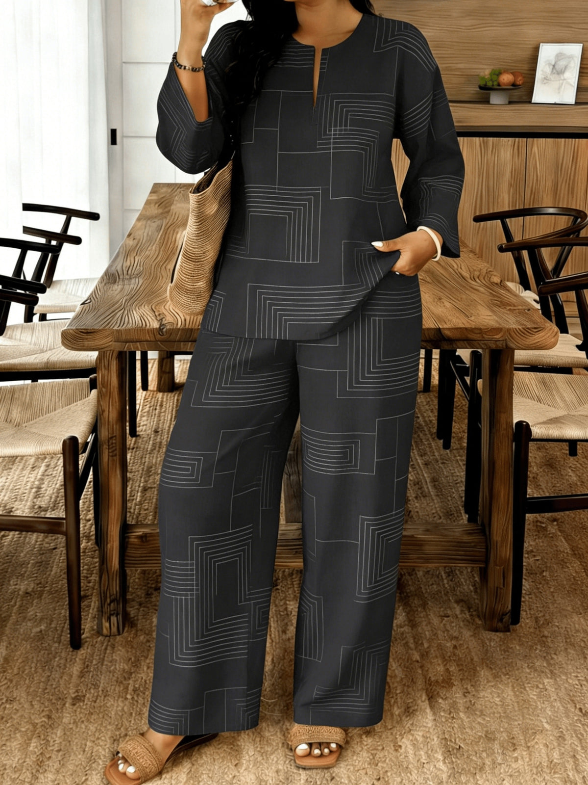Women's 2-Piece Casual Suit Set V-Neck Loose Fit Top & Casual Pants Daily Wear Matching Outfit