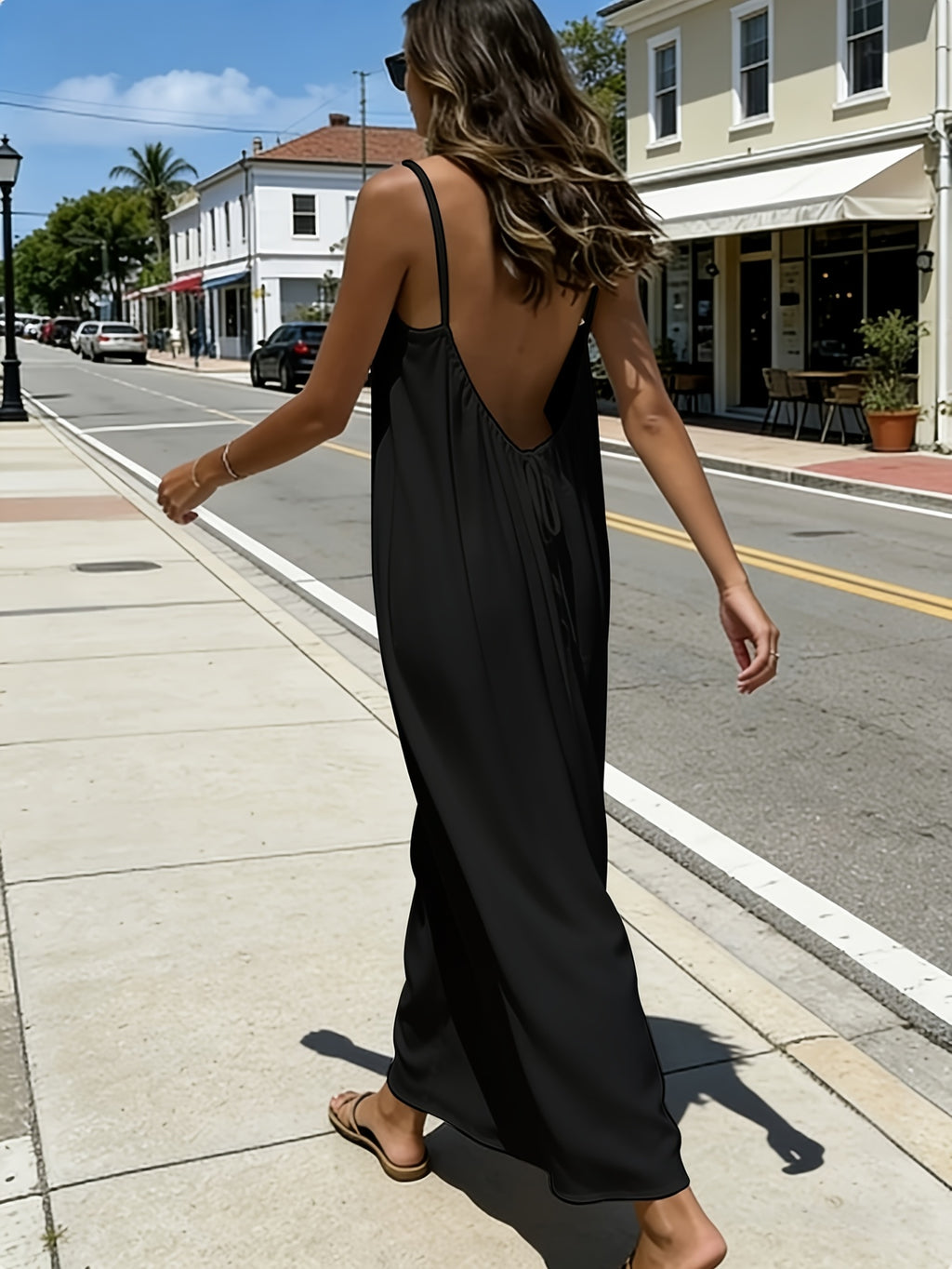 Maxi Slip Dress for Women Solid Color Open Back Tie Loose Casual Lightweight Sleeveless Long Dress Everyday