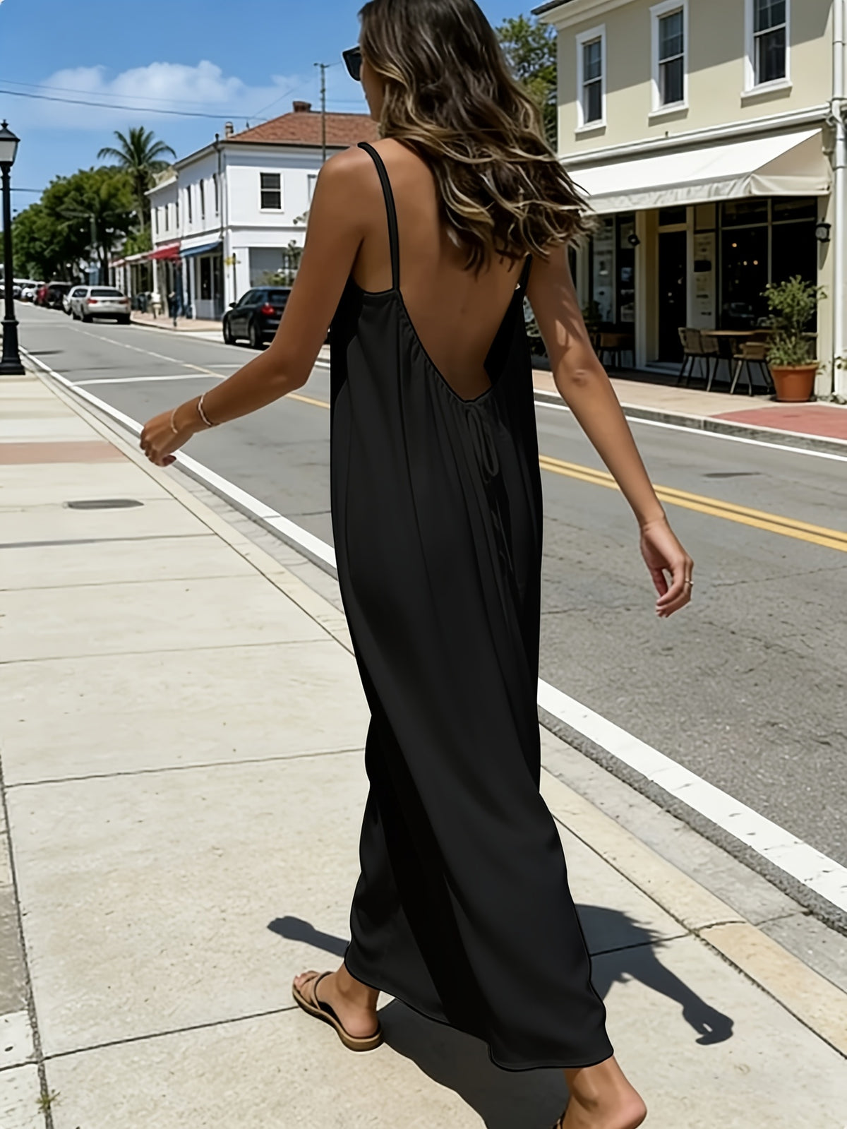 Maxi Slip Dress for Women Solid Color Open Back Tie Loose Casual Lightweight Sleeveless Long Dress Everyday