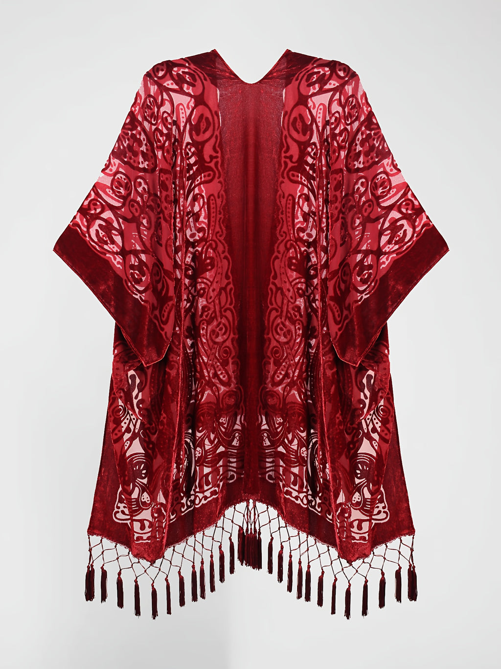 Boho Burnout Velvet Kimono Women Long Cardigan Cover Up Tassel Floral Embroidered One Size