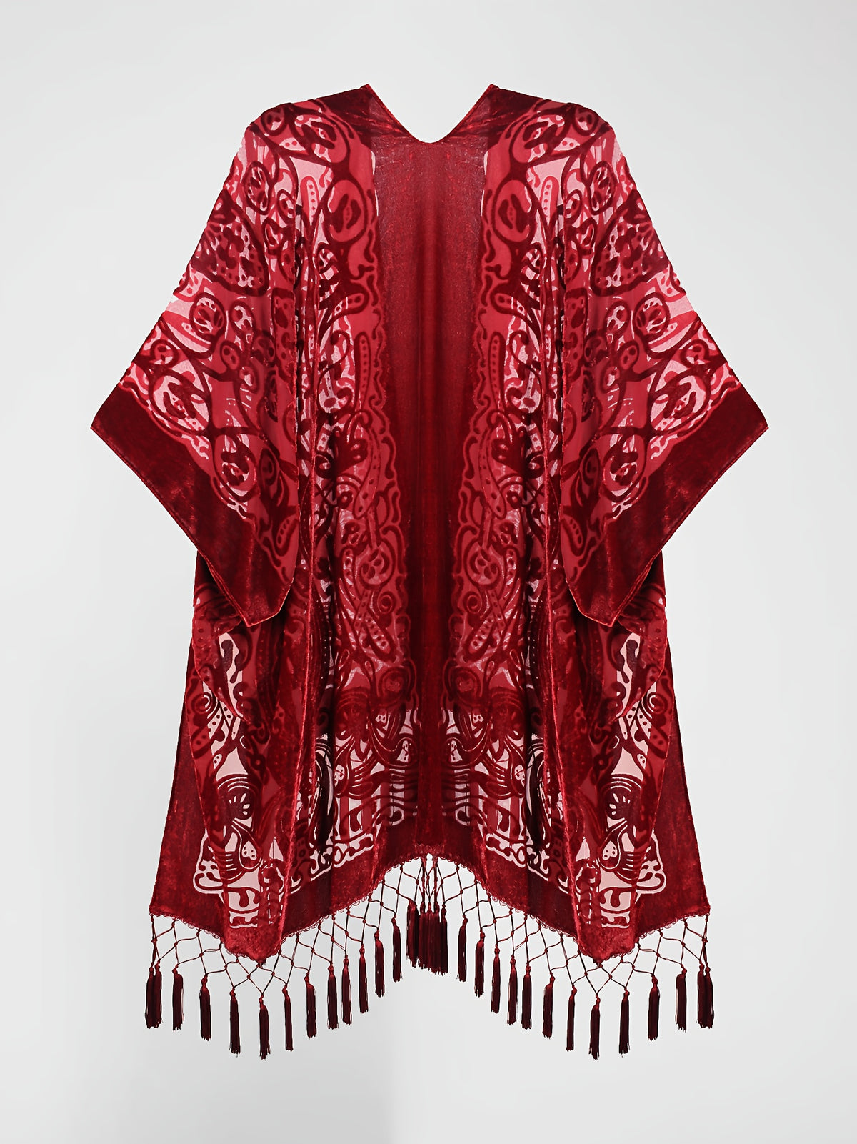 Boho Burnout Velvet Kimono Women Long Cardigan Cover Up Tassel Floral Embroidered One Size