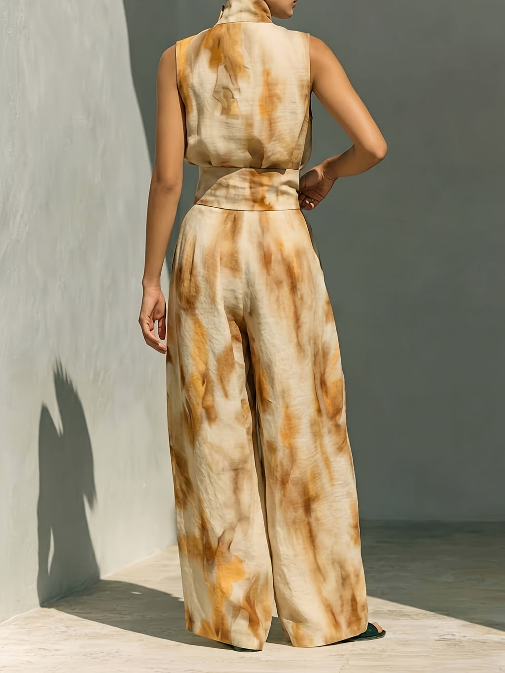 Tie-Dye Print High Neck Sleeveless Top and Wide-Leg Pants 2-Piece Set Street Style Casual S-XXL